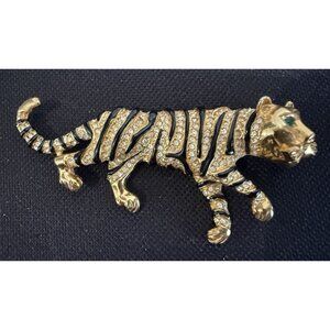 Tiger Brooch Pin Gold Tone Crystal Rhinestone Stripe Green Eye Vintage